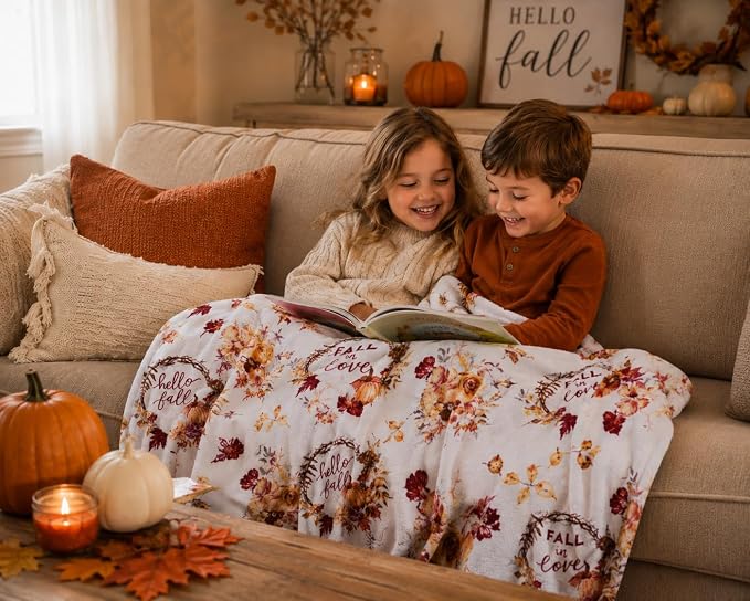 Serafina Home Fall Fleece Throw Blanket: Soft Harvest Hello Fall Pumpkin Floral Design, Autumn Colors on White, 70" x 50"