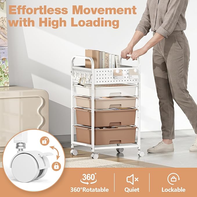 4 Drawer Rolling Storage Cart with Pegboard Top and Hooks, Mobile Organizer Cart with Wheels for Office Supplies, Craft Storage, Classroom Organization, Home Utility Cart, Brown