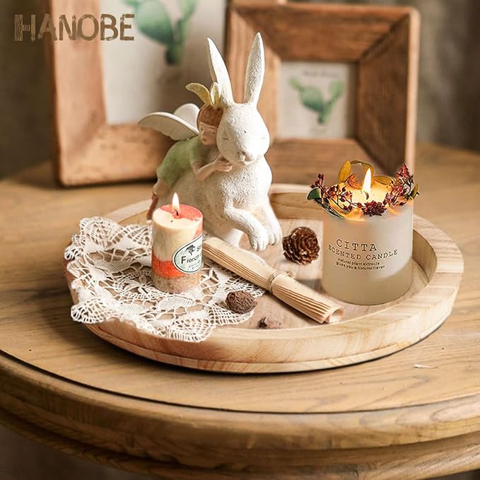 Hanobe Wood Decorative Tray：Set of 2 Round Unfinished Wooden Craft Trays DIY Ottoman Serving Tray Centerpiece Candle Holder Trays for Kitchen Countertop Crafts Art Home Decor Montessori Activity