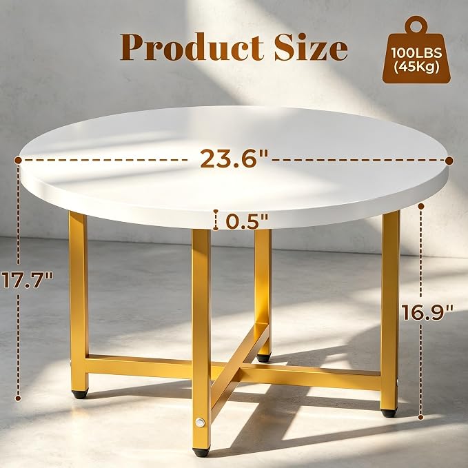 FAMIDGE Round Coffee Table, Small Coffee Tables for Living Room, Wood Coffee Table with Metal Frame, Floor Table Desk for Sitting on The Floor, Home, Office, Farmhouse, White & Gold (23.6"D x 17.7"H)