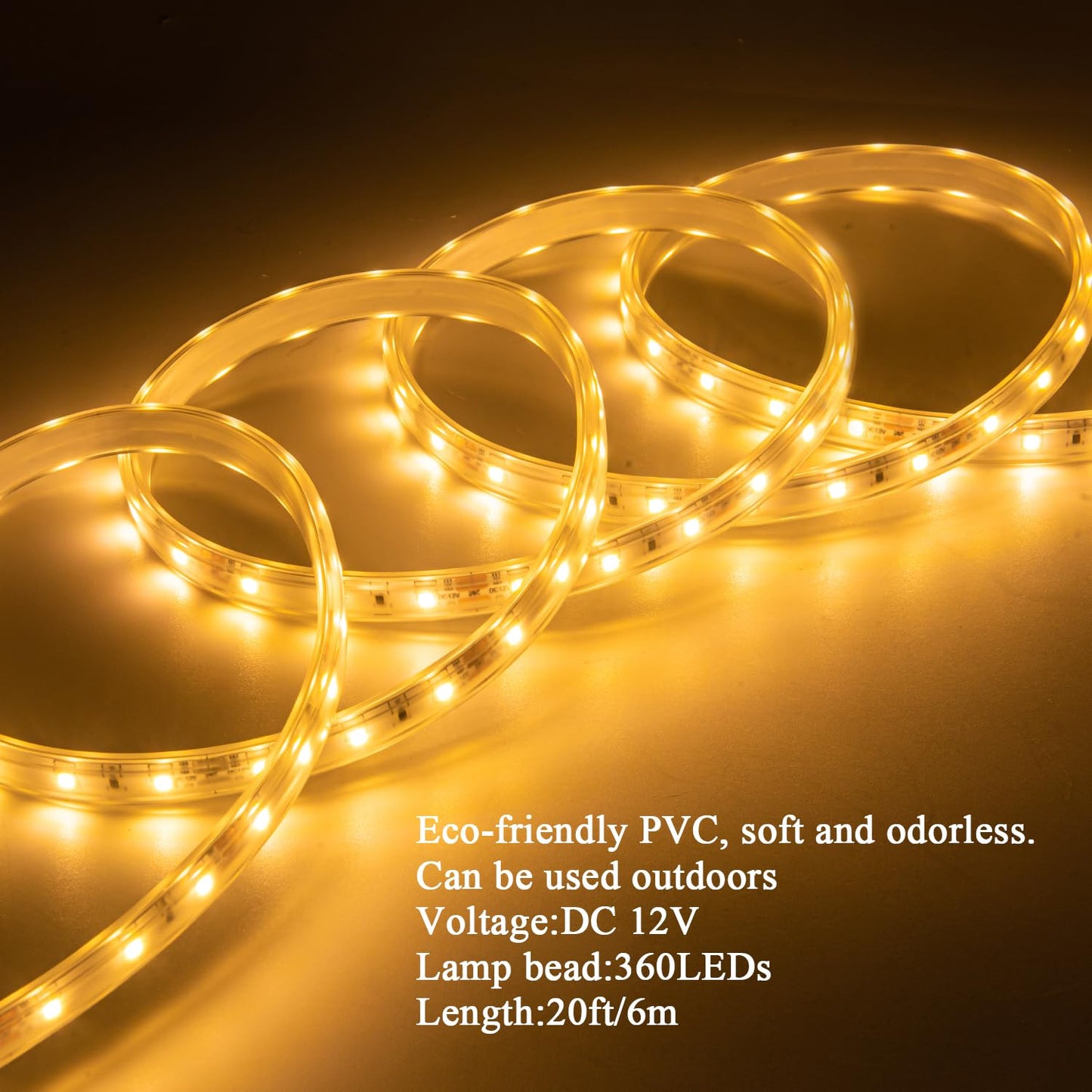JUNWEN 20FT Warm White Rope Lights Outdoor, 12V IP65 Waterproof Led Rope Lights Indoor Cuttable, Flexible Led Strip Lights Cuttable Plug-in for Patio Deck Bedroom Kitchen Bedroom Christmas