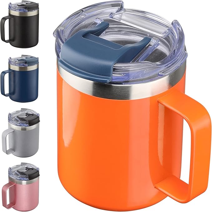 12oz Insulated Coffee Mug Cup with Handle, Stainless Steel Travel Coffee Mug with Flip Lid, Double Wall Vacuum Coffee Tumbler, Orange