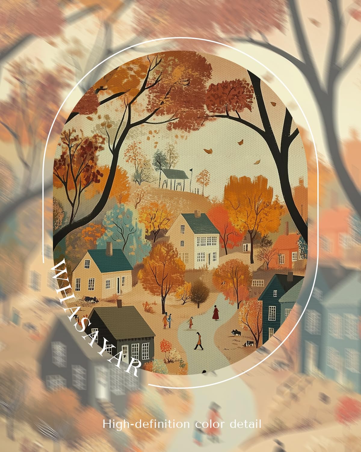 WHASAYART Autumn Cozy Village Landscape Scene 12x16 Framed Canvas Print, Rustic Fall Country Trees Wall Art with Warm Colors, Thanksgiving House Office Entryway Seasonal Decor