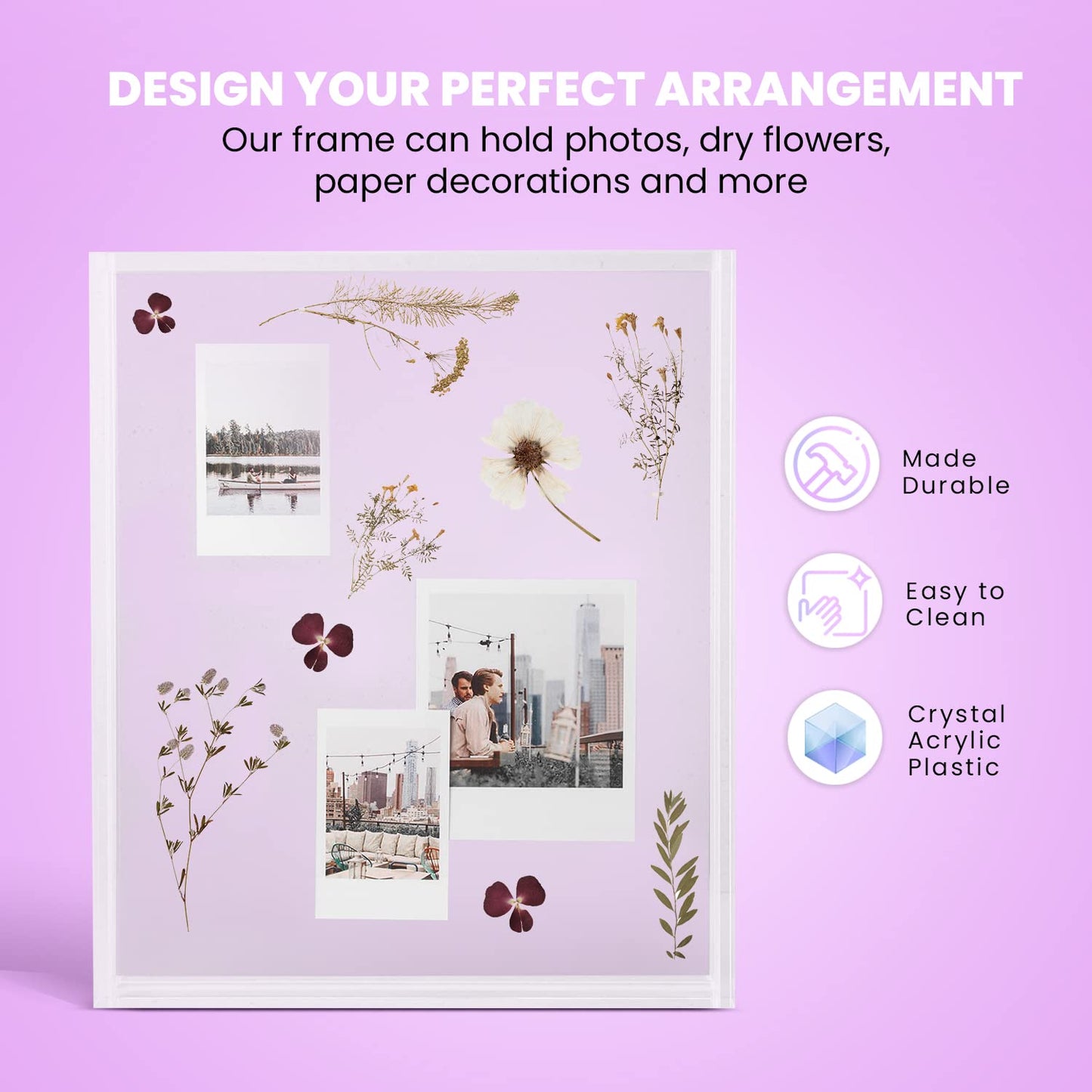 Elil Polaroid & Fujifilm Instax Frame – Clear Acrylic Floating Picture Frame 11.8" x 10.2" Holds 8x10 Photo or 12 Instax Mini Polaroid Go Prints Double-Sided Collage Display for Wedding & Graduation