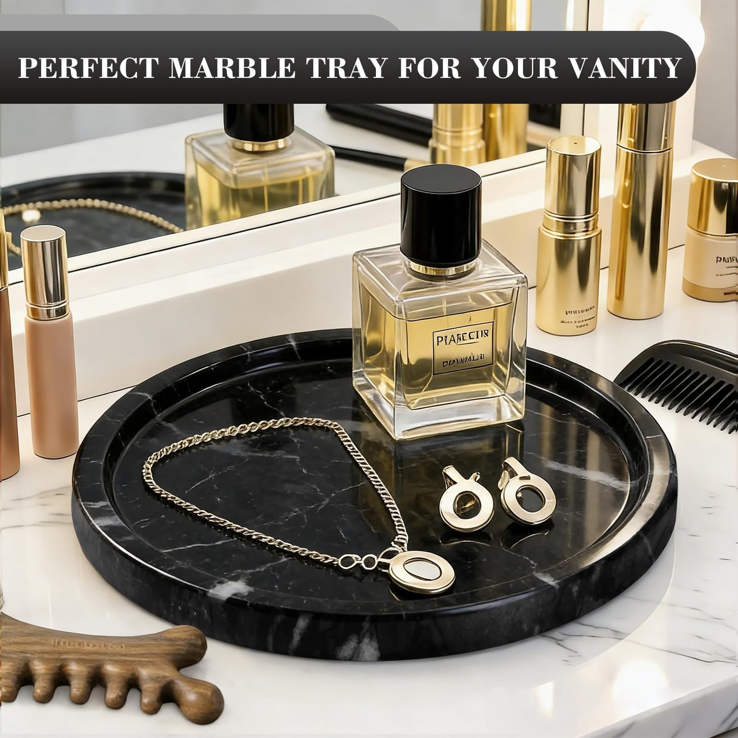 Woduelka Natural Round Marble Tray - 7.8" Marble Vanity Tray for Dresser, Bathroom, Decorative Jewelry Dish for Perfumes Rings Earrings Necklaces, Stone Tray for Home Décor, Black