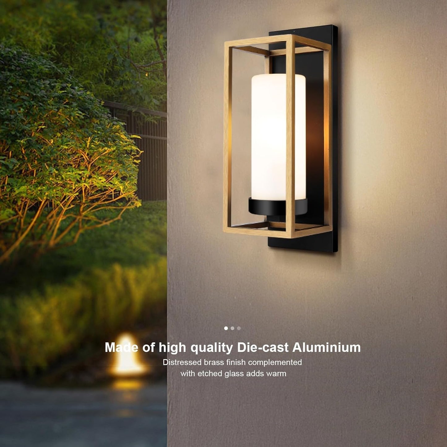 ALVIME Modern Outdoor Wall Lights 2 Pack, Brushed Gold & Matte Black Exterior Sconce, Waterproof Porch Light for House Garage Front Door Living Room Bathroom, E26 Base Etched Opal Glass