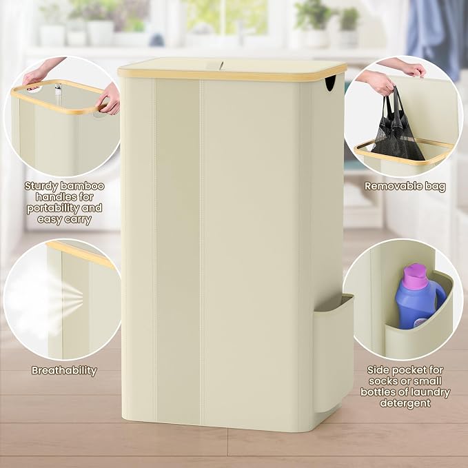 BlissTotes Laundry Basket with Lid, 100L Clothes Laundry Hamper with Handles and Removable Laundry Bag, Breathable Design Hamper with Lid for Bedroom, Bathroom, Dorm, Laundry Room - Beige