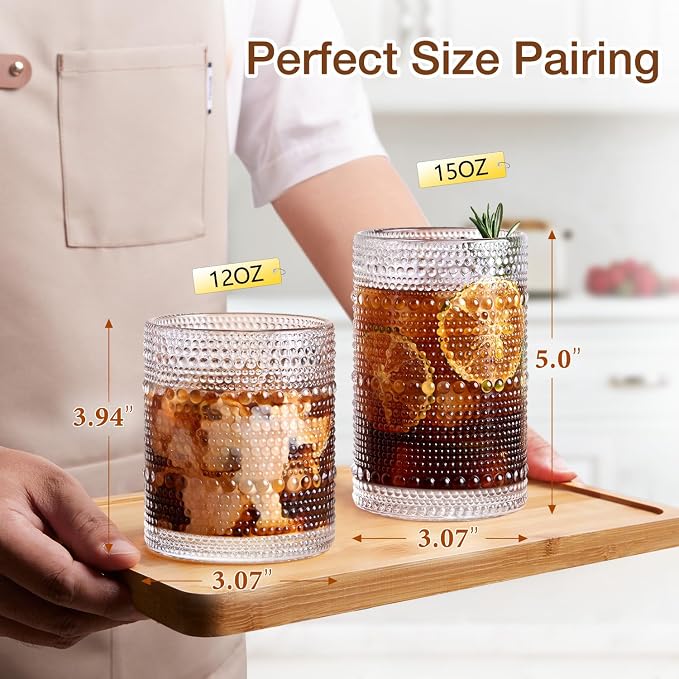 Hobnail Drinking Glasses Set of 8, 4 Highball Glasses 15oz,4 Rocks Glasses 12oz,Mixed Drink Cocktail Glass, Vintage Embossed Glassware Sets for Whiskey,mocktails, Water & Juice Drinkware