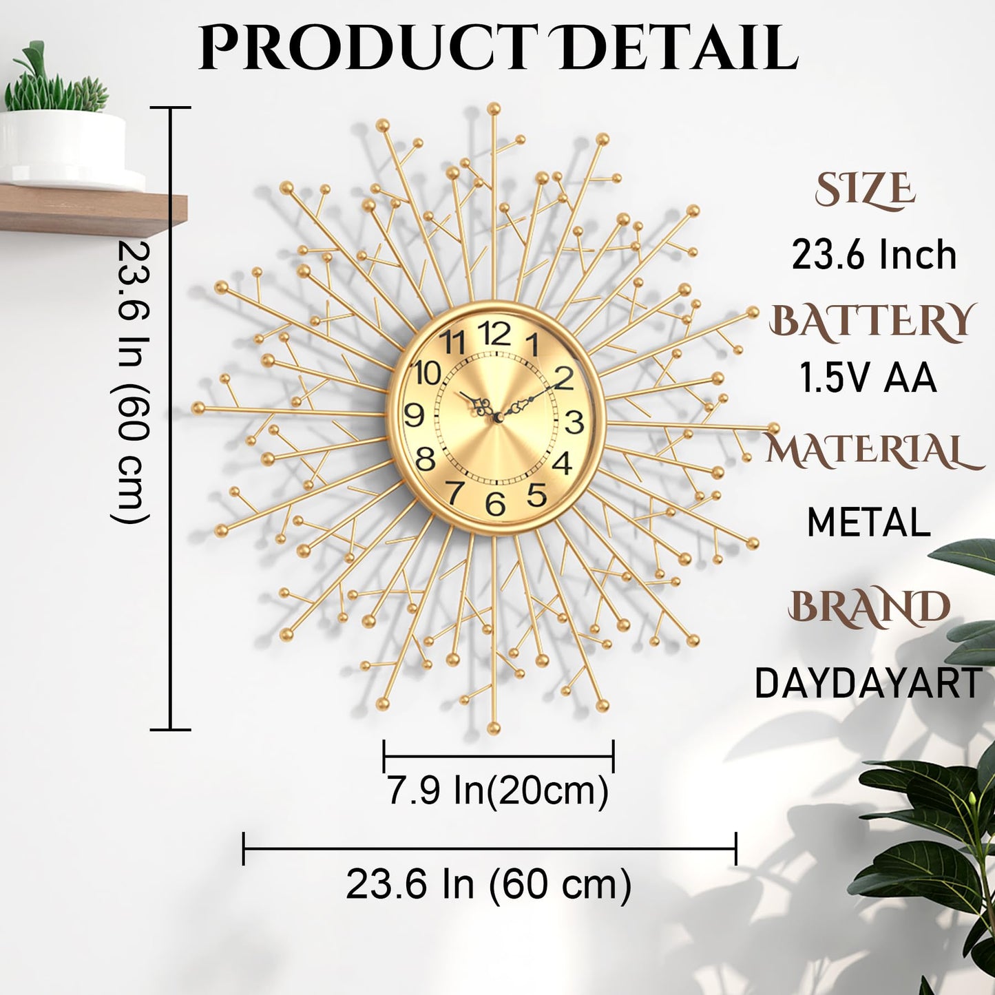DAYDAYART Large Modern Gold Wall Clock Decorative Mid Century Sunburst Branch Wall Clocks, Minimalism Metal Silent Clock, Luxury Home Gift Decor for Living Room, Bedroom, Dining Room, 24 inch