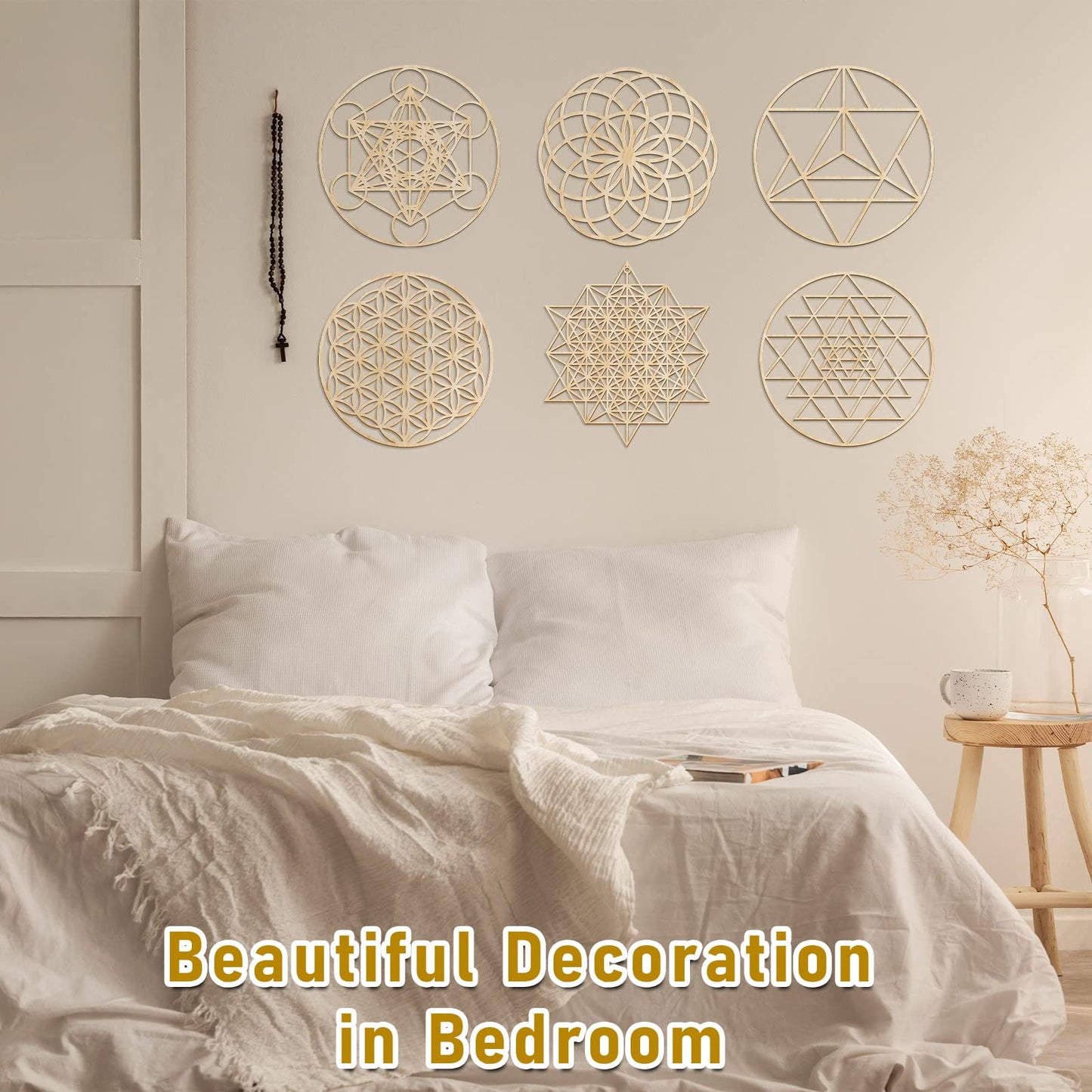Taiyin 6 Pcs 12 Inch Wooden Sacred Geometry Wall Art Set, Zen Geometric Wall Decor for Home Meditation Room, Inspired Hanging Art with Metatron Cube, Flower of Life, Sri Yantra(Burlywood)