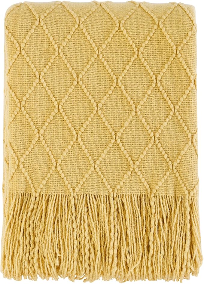 BOURINA Mustard Throw Blanket 50x60 Inches Throw Textured Solid Soft Sofa Couch Decorative Knit Blanket