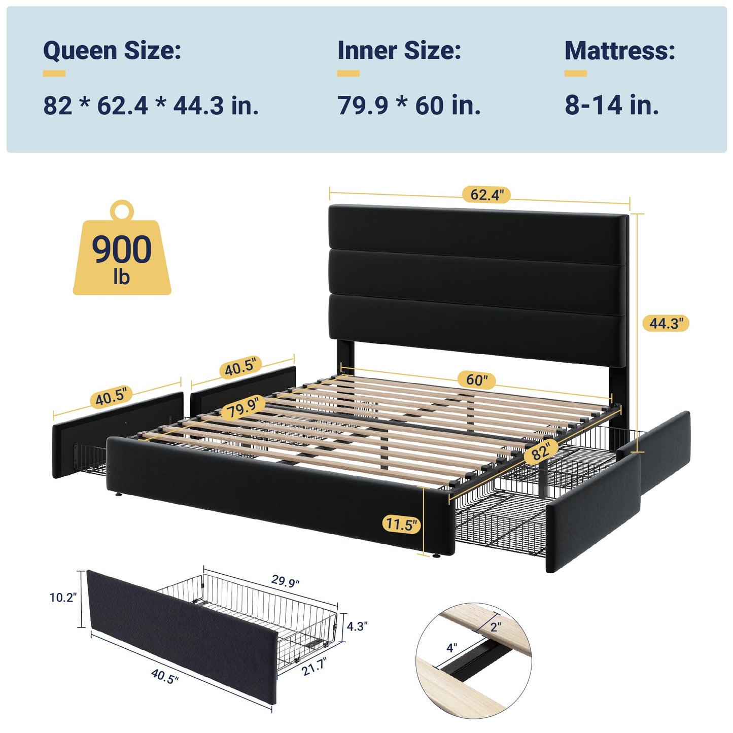 Allewie Modern Queen Size Platform Bed Frame with 4 Storage Drawers and Velvet Upholstered Headboard, Wooden Slats Support, Upholstered Mattress Foundation/No Box Spring Needed/Easy Assembly, Black