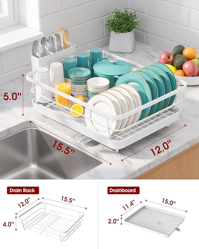 Sakugi Dish Drying Rack - Stainless Steel Dish Rack with Drainboard for Kitchen Counter and Sink, 15.6" D x 12" W x 5" H, White