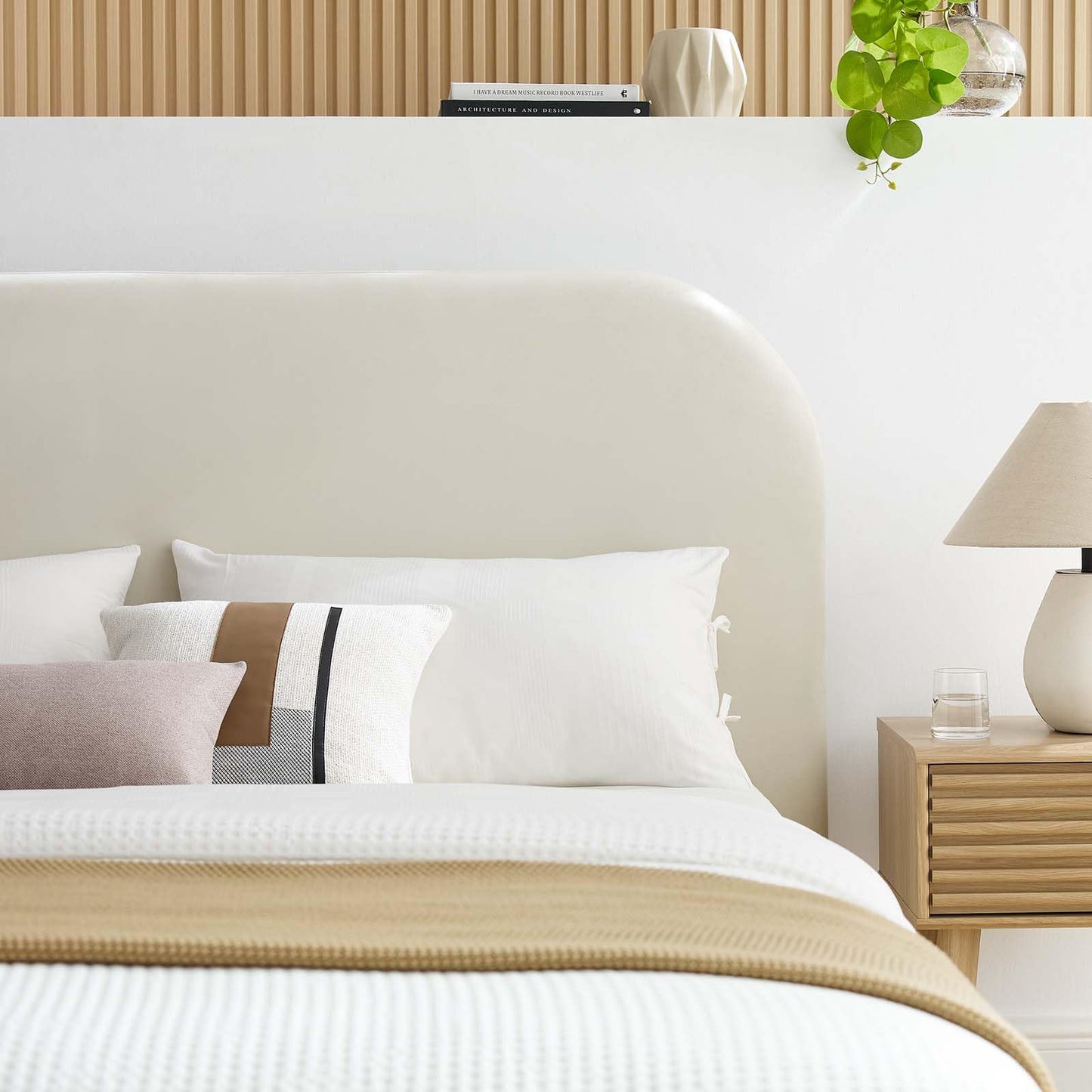 Modway Keynote Modern King Size Bed Frame with Curve Shaped Headboard in Alabaster, Upholstered Performance Velvet King Platform Bed, Soft Cloud Bed Frame, No Box Spring Needed