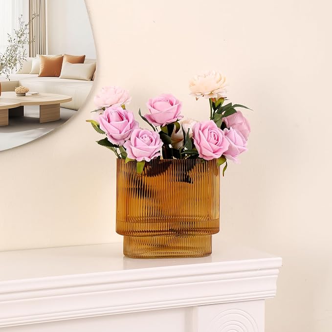 Ribbed Glass Vase, Amber Glass Vase, Fluted Short Vases for Flowers, Modern Vases for Living Room, Dining Room, Bathroom, Desk, Shelf, Wedding, Office, 7 Inches