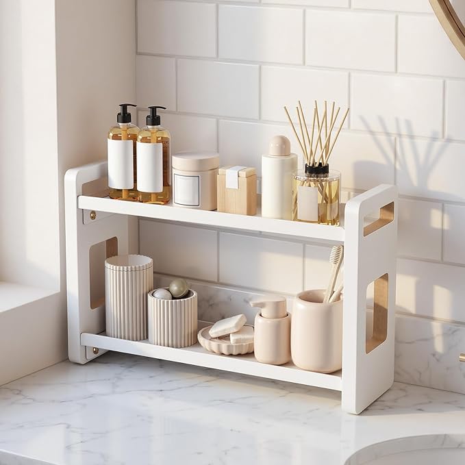 Bathroom Organizers And Storage,Bathroom Counter Organizer,Bathroom Counter Shelf,Bathroom Sink Organizer,Vanity Organizers,Vanity Storage,Makeup Organizer Countertop,Perfume Display(White 2 Tier)