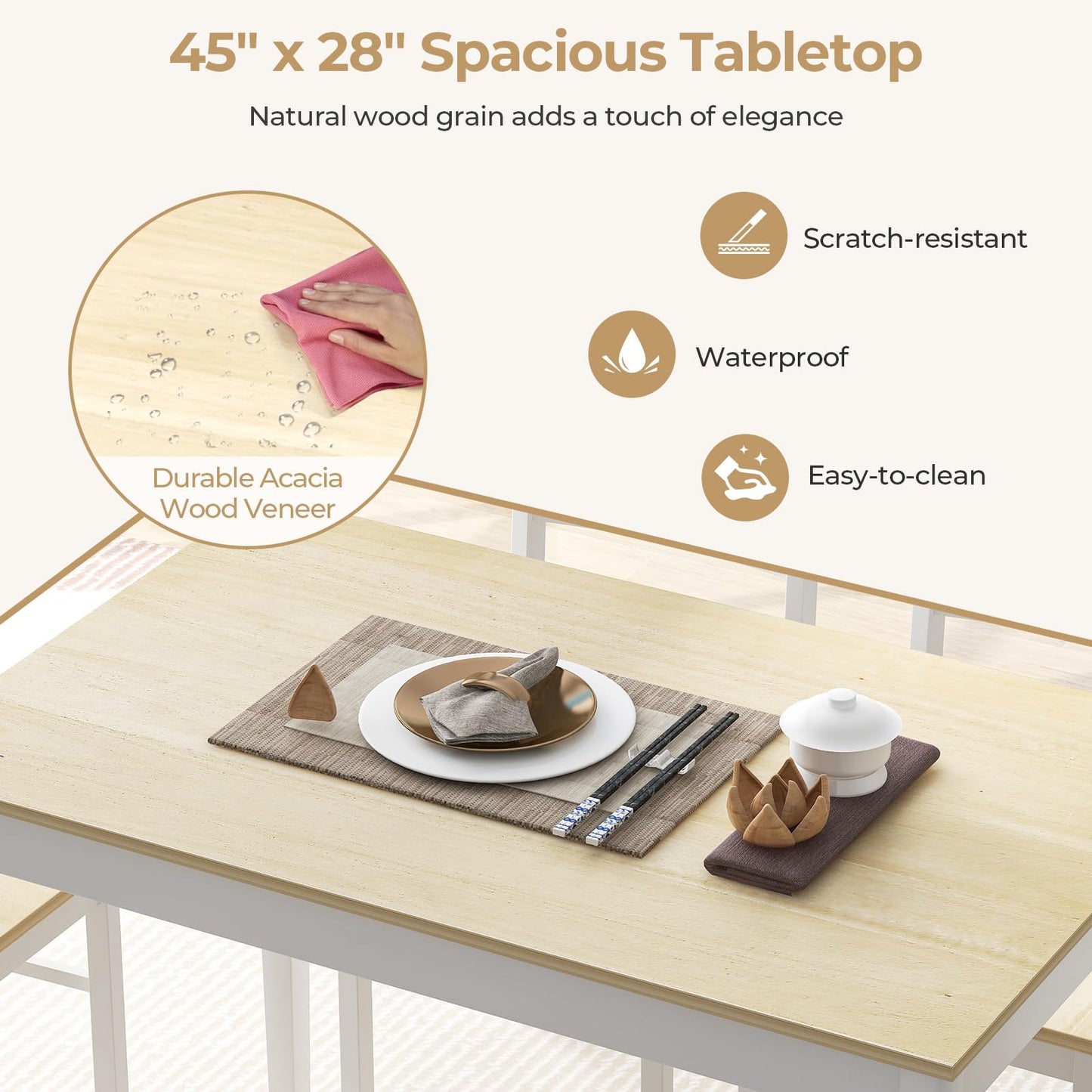 Giantex 5-Piece Dining Table Set for 4, 45" Rectangular Kitchen Table and Chairs Set with Solid Rubber Wood Legs, Space Saving Dinette Set for Small Space, Breakfast Nook, Restaurant (Beige)