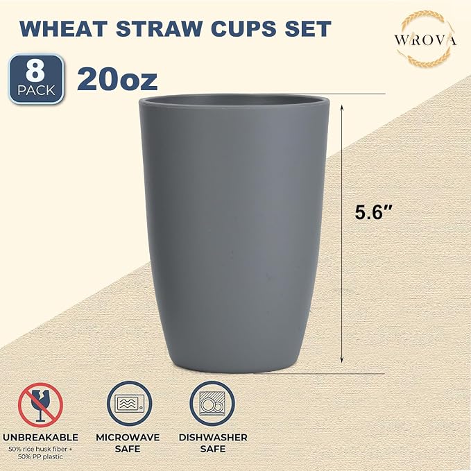 Wrova Wheat Straw Cups 8 PCS Good Alternative to Plastic Reusable Cups 20 oz Unbreakable Drinking Cup Reusable Dishwasher Safe Water Plastic Glasses Gray