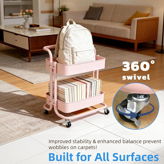 2 Tier Short Rolling Cart with Wheels All-Metal Pink Pantry Storage for Kitchen,Under Desk Trolley with Handle Small Wheeled Storage Cart for Laundry Room Bathroom, Under Table Small Space