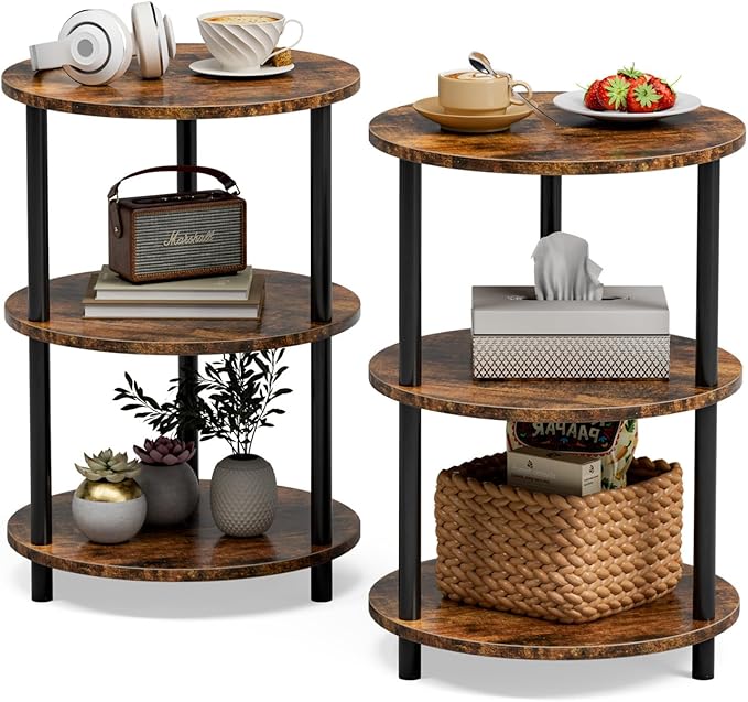 XBurmo Small Round End Table - 3 Tier Design Accent Table, Narrow Side or Bedside Stand, Industrial Vintage Nightstand for Bedroom, Living Room, or Small Spaces, Set of 2, Rustic Brown