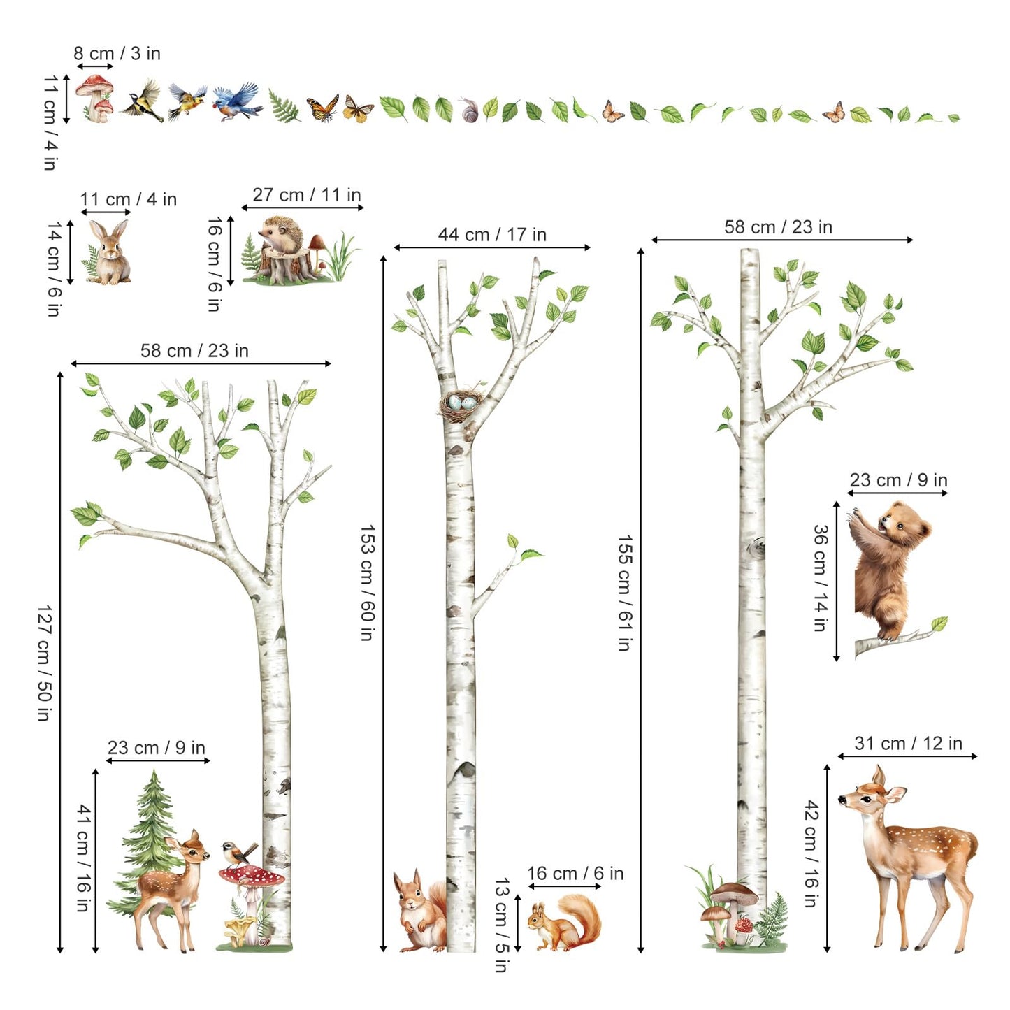 decalmile Large White Birch Tree Wall Decals Woodland Animals Bear Deer Rabbit Wall Stickers Living Room Baby Nursery Kids Room Wall Decor