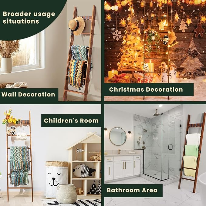 Decorative Wooden Blanket Ladder with Removable Hooks for The Living Room & Bedroom, Pine Wood, Easy Assembly 6-Tier Wall Leaning Rack Stand 68 inch for Displaying Blankets & Scarves, Brown