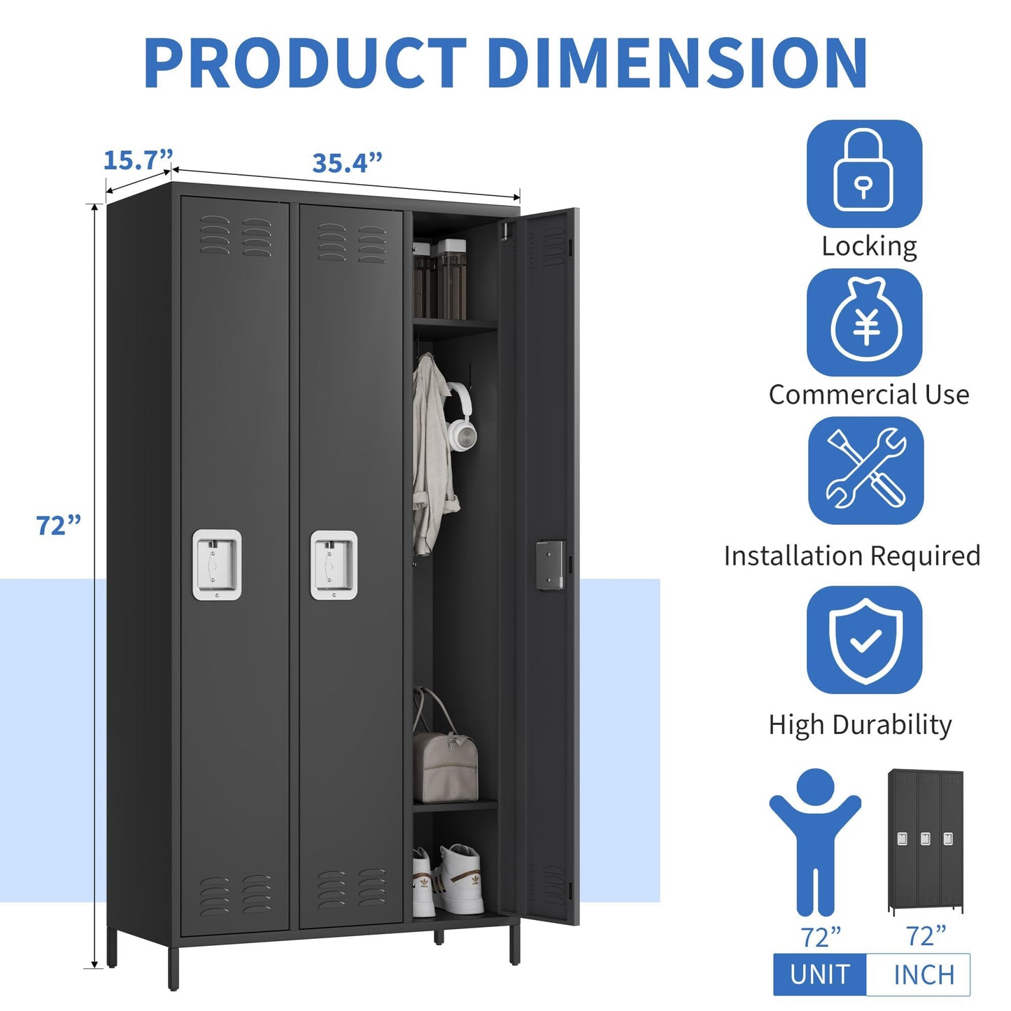 GAOMON 3 Doors Employee Lockers for Office, Metal Sorage Locker Combination, Lockable Employees Metal Locker with Door, Industrial Storage Lockers for Home, School, Gym (3 Doors)