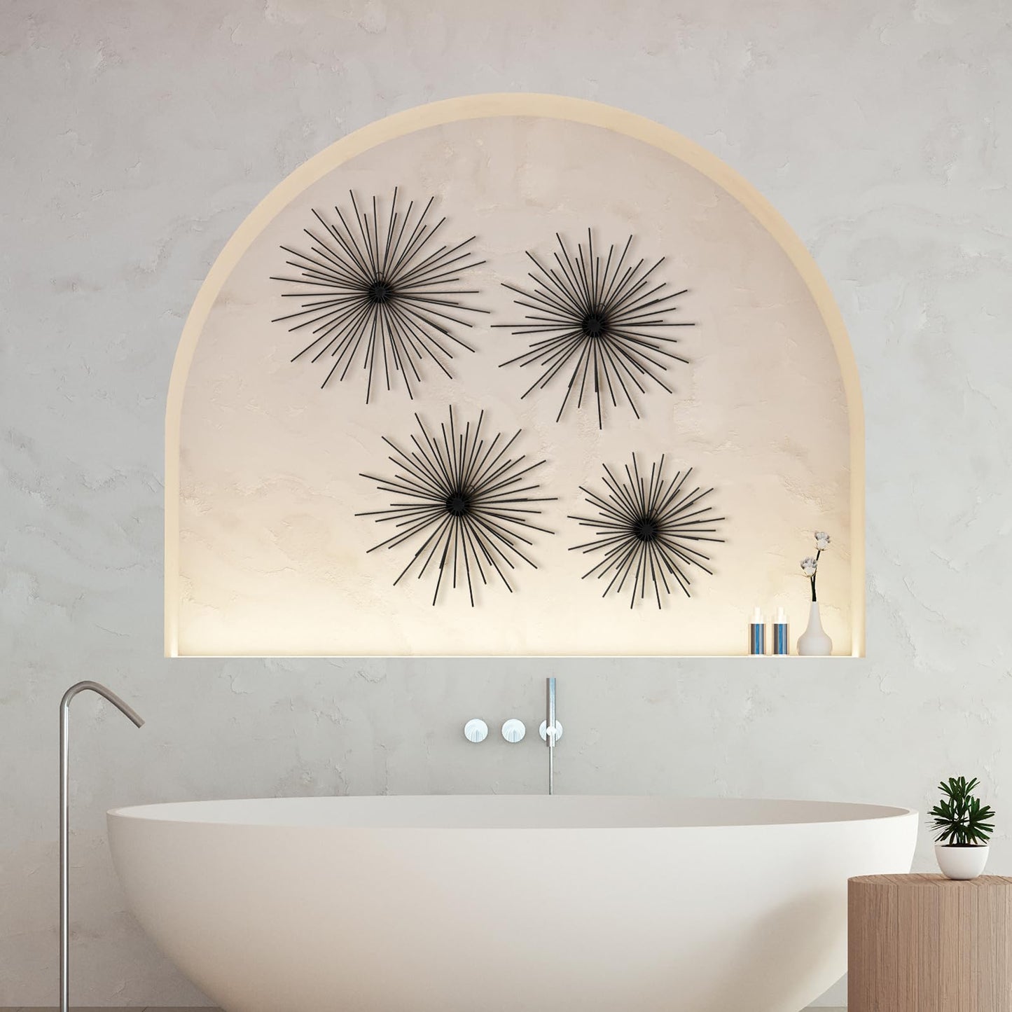 Shimeyao 4 Pcs Metal Starburst Wall Decor Black Metal Wall Art 3D Spike Bling Finish Star Burst Hangings Accents Sculptures Set Modern Mid Century Decorations for Living Room Bedroom Entryway