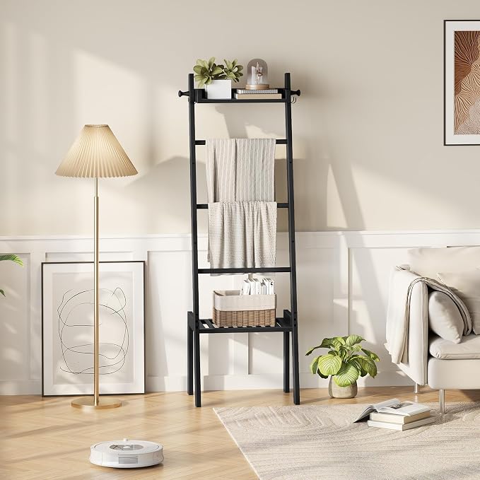 HOOBRO Blanket Ladder, 5 Tier Bamboo Ladder Shelf, Blanket Ladders for Living Room and Bedroom, Farmhouse Blanket Holder Rack for Storage and Home Decor, Decorative Towel Rack, Black BK91CJ01G1