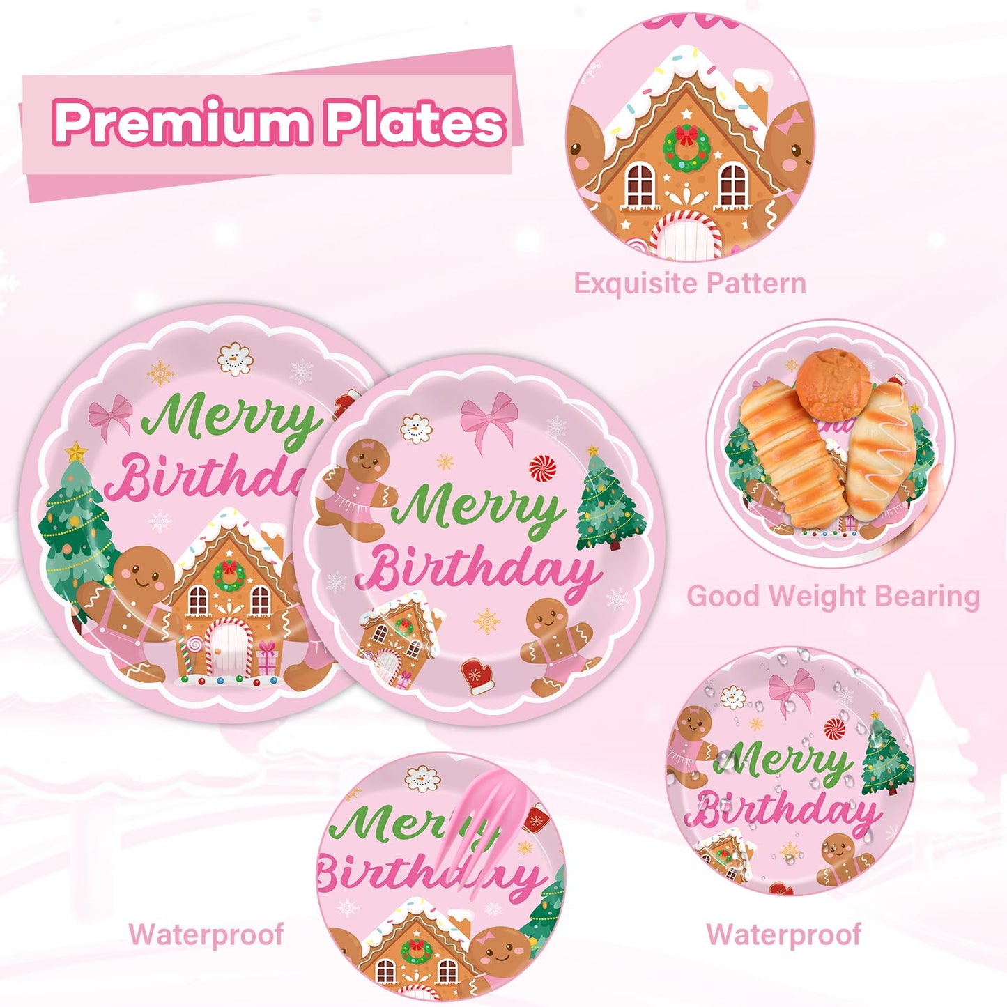 96 Pcs Gingerbread Birthday Party Plates Napkins Tableware Set Pink Christmas Party Supplies Disposable Dinnerware Merry Birthday Decoration Favors for Winter Xmas Baby Shower Holiday, 24 Guests