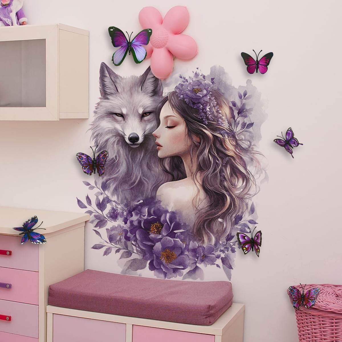 Siraveil Art Wolf Wall Stickers with Butterfly Flowers Fairy Wall Art Decals, 12 Butterflies PVC Decor for Nursery Living Room Bedroom Kids Room 23.6x11.8 Inch
