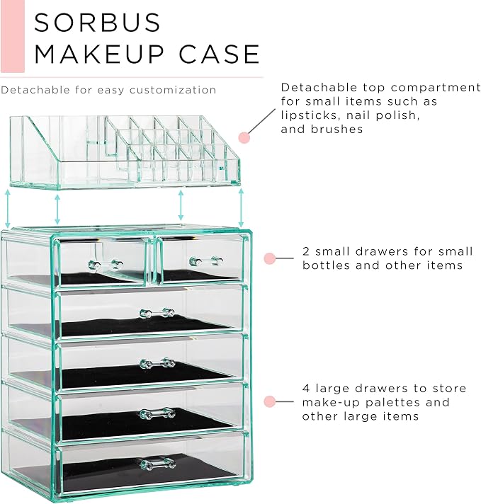 Sorbus Acrylic Makeup Organizer Set, 6-Drawer Vanity & Countertop Cosmetic Storage with Small & Wide Compartments, Teal Thrill Makeup Storage for Brushes, Jewelry – Holiday Gift for Women & Teens