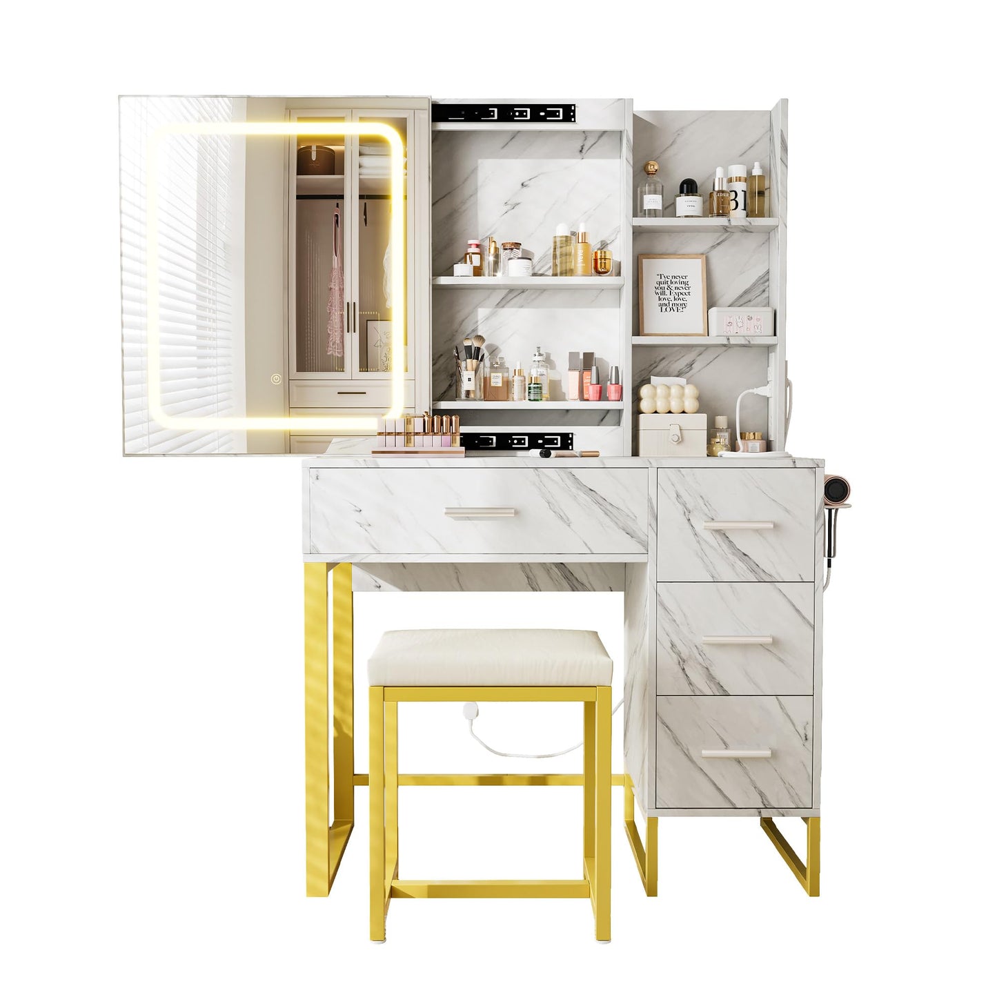 57'' Large Vanity Desk with Mirror & Lights, Makeup Vanity Table with Charging Station,