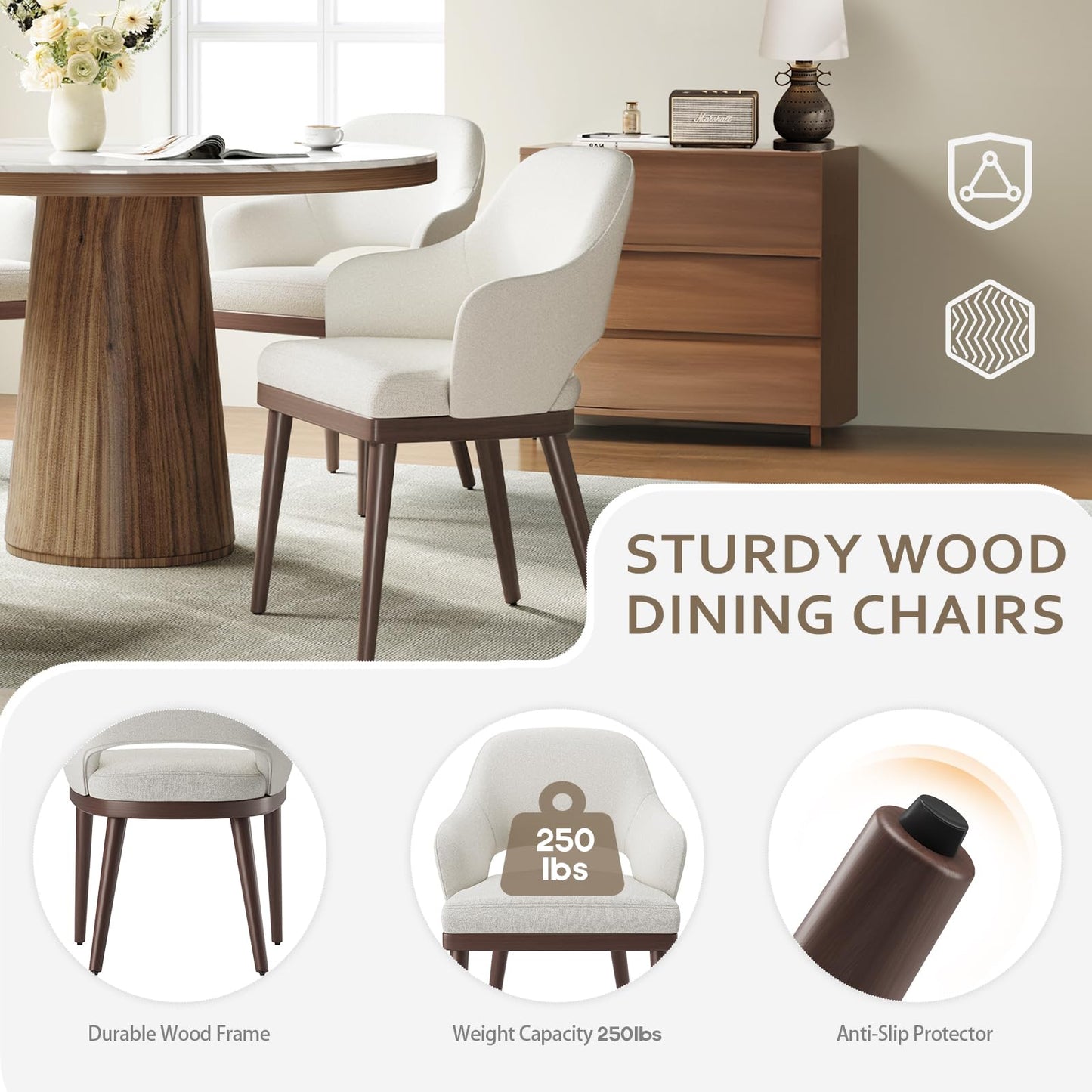MALOL Wooden Dining Chairs Set of 4, Modern Fabric Upholstered Dining Room Chair, Kitchen Side Chairs, Farmhouse Dinner Chair with Open Back for Kitchen, Beige