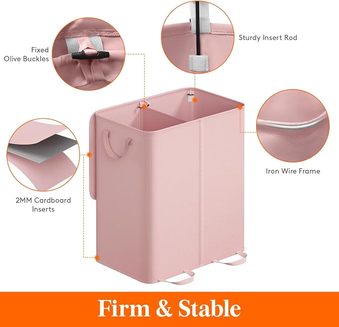 Lifewit Double Laundry Hamper with Lid and Removable Laundry Bags, Large Collapsible 2 Dividers Dirty Clothes Basket with Handles for Bedroom Laundry Room Closet Bathroom College, 155L Pink