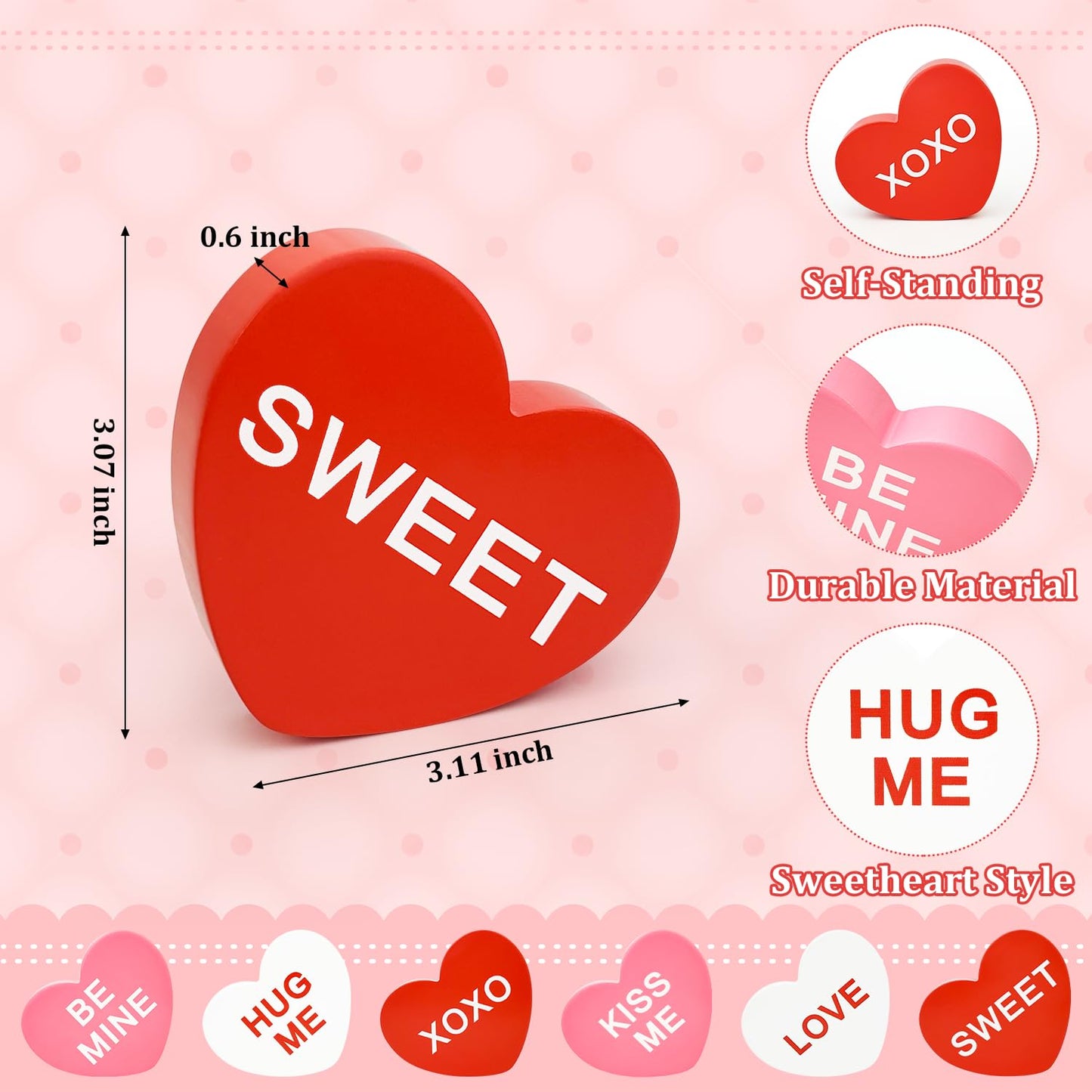 Valentines Day Decorations 6 PCS, Wooden Conversation Heart Decor for Home Table,Red White Pink Candy Heart Signs Centerpiece for Indoor Office Tiered Tray Fireplace,Valentine Gift for Couples Wedding