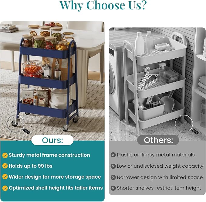 OLIXIS Metal 3 Tiers Utility Rolling Cart, Mobile Storage Shelf with Lockable Caster Wheels, Organization for Livingroom, Bathroom & Narrow Places, Blue