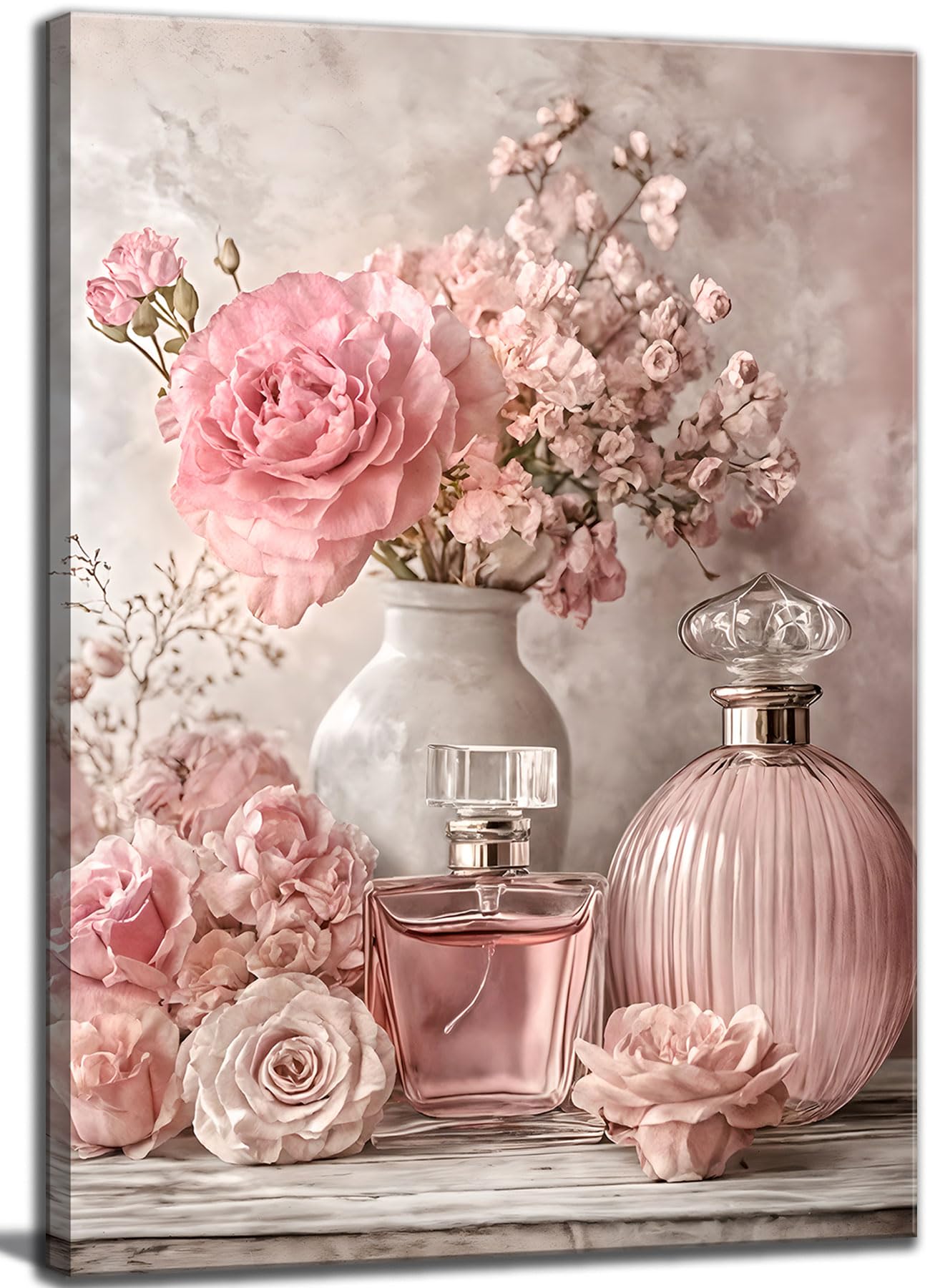Pink Floral Canvas Wall Art Rose Flowers Plant painting Decor Picture Perfume Botanical Posters Prints for Living Room Dressing Preppy Apartment Valentine's Day Bedroom Corridor Home Decoration