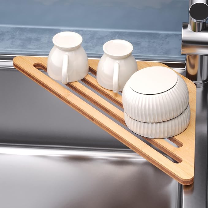 VERTORGAN Dish Drying Rack for Sink Corner,Over The Sink Bamboo Dish Drainer Drying Rack,Dish Drainer Mat for Kitchen,Sink Accessories(Natural)