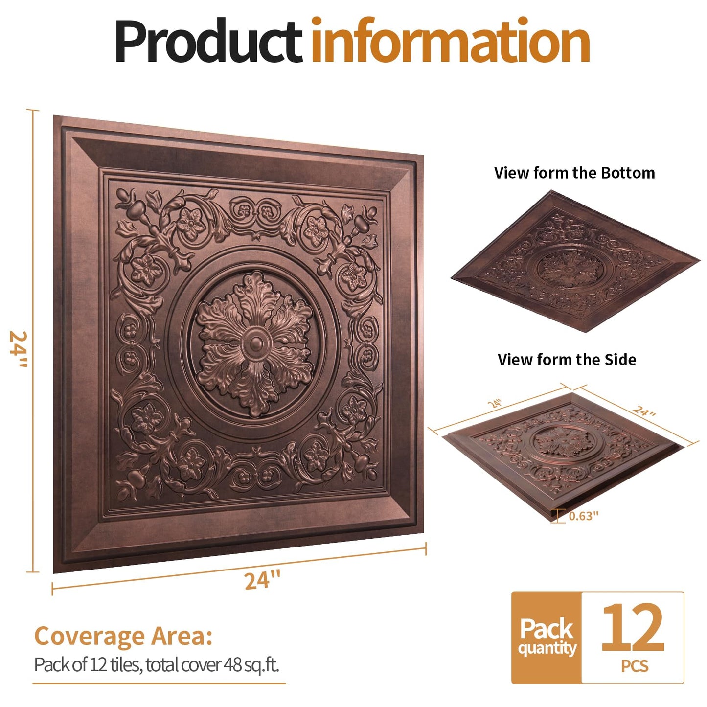 WOWSTAR 12-Pack 24"x24" 3D Drop Ceiling Tiles, Waterproof Glue up Ceiling Panels, Antique Copper