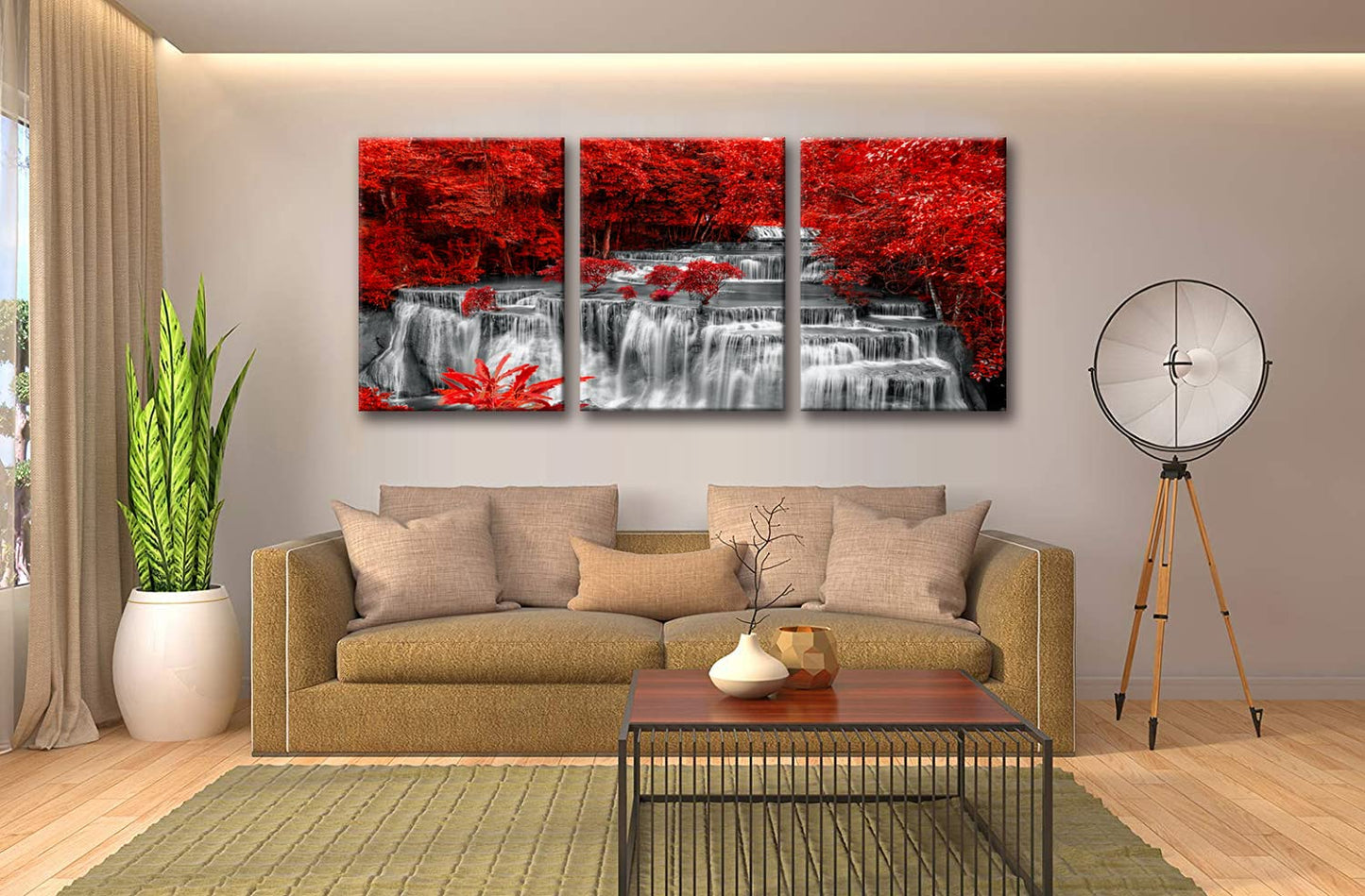Yxbhhym Black White and Red Waterfall Canvas Wall Art Trees Forest Painting Landscape Artwork for Wall Picture Waterfall Prints for Bedroom Living Room Decor Bathroom Wall Art-Framed