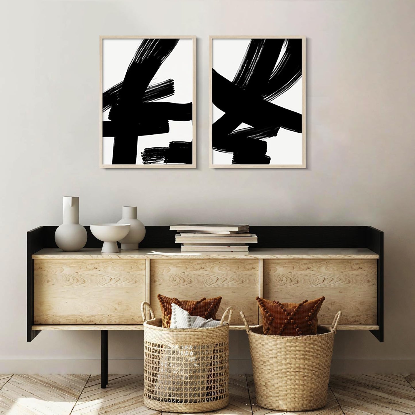 2Pcs Framed Black and White Abstract Thick lines Wall Art Canvas Prints Modern Minimalist Gallery Picture Posters Brush Stroke Wall Decor Living Room Bedroom Office 12x16 Inch Ready to Hang
