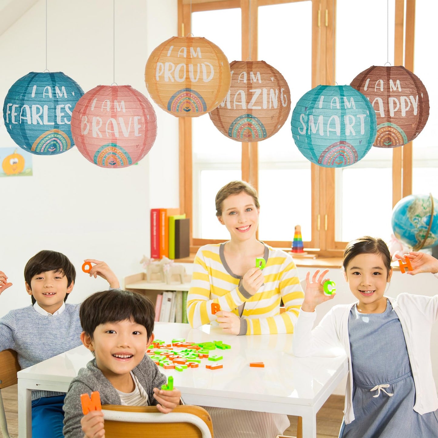 6PCS 8Inch Boho Hanging Paper Lanterns Classroom Decoration Retro Inspirational Paper Lanterns Boho Ceiling Hanging Decor for Wedding Birthday Baby Shower Girl Birthday Party School Classroom Decors