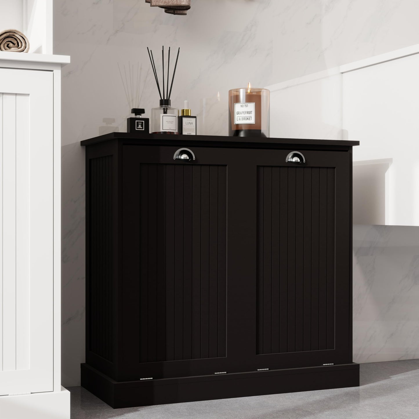 Two-Compartment Tilt-Out Laundry Sorter Cabinet,Ample Storage Laundry Hamper Cabinet with 2 Removable Cloth Bags for Bathroom,Laundry Room (Black)