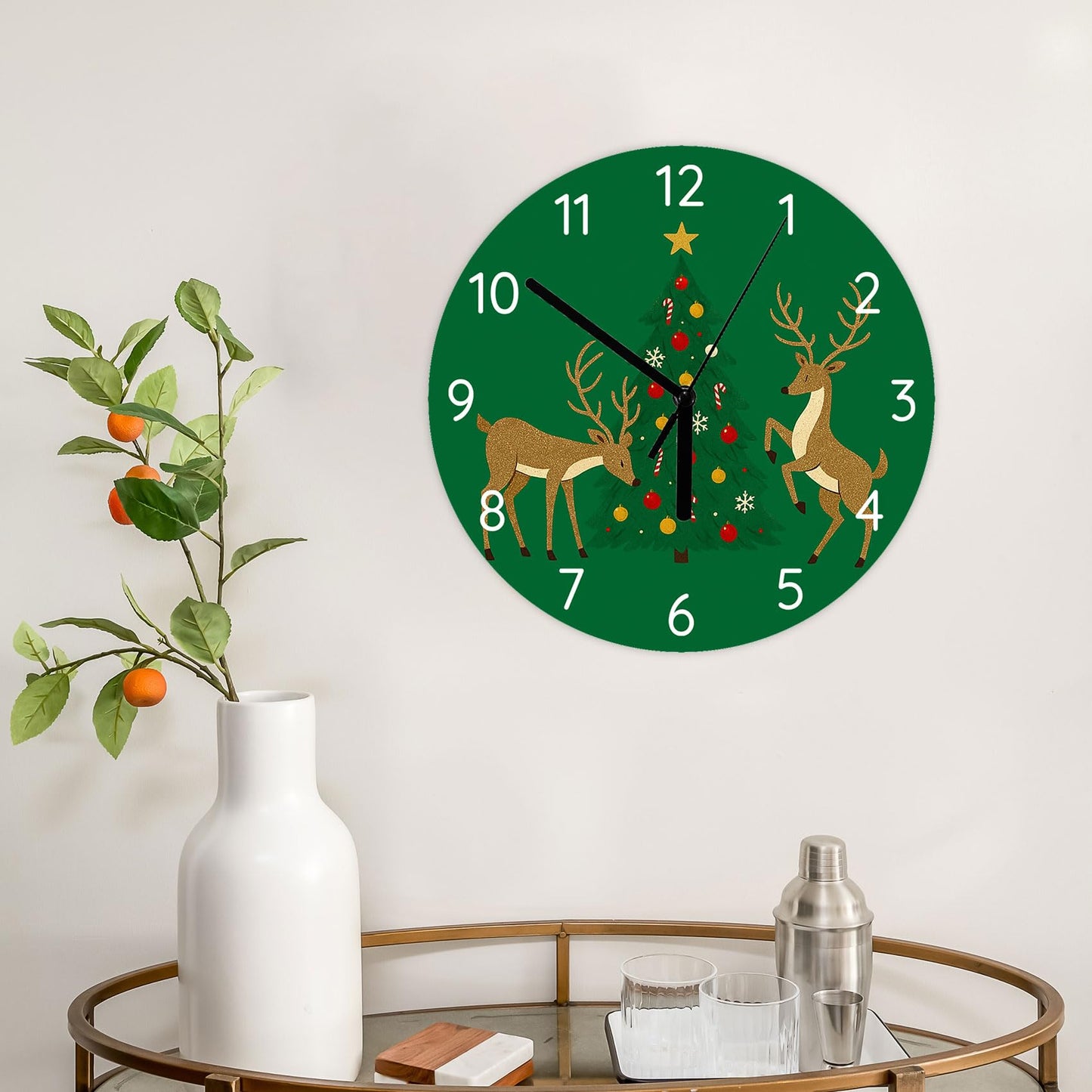 Ivyyvi Green Christmas Wall Clock 11.6 Inch Non-Ticking Silent Battery Operated Round Wall Clock Xmas Decor Clocks for Home Office School Kitchen Bedroom Living Room Funny