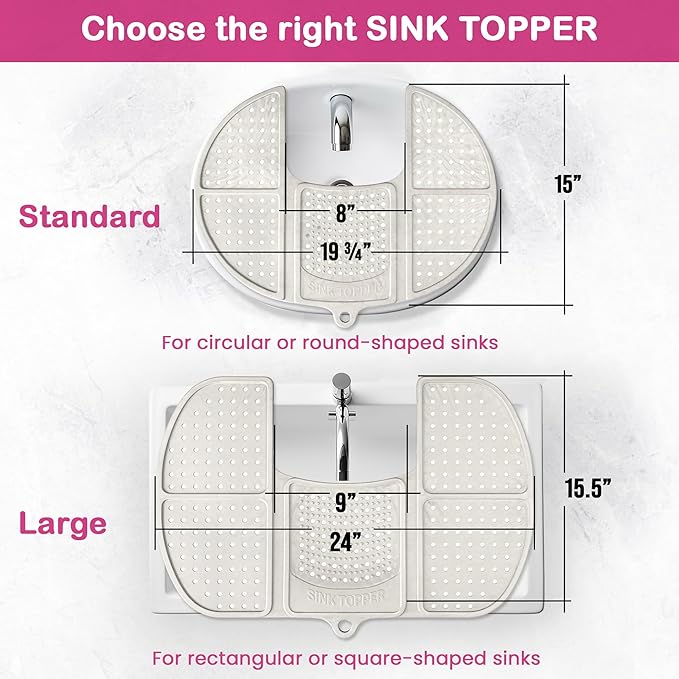 Sink Topper Bathroom Counter Cover & Storage Saver, Foldable Silicone Mat for Hot Tools, Hair Styling & Makeup, Beauty Brush Cleaning Mat, RV Camper Sink Cover & for Small Spaces (Standard Silver)
