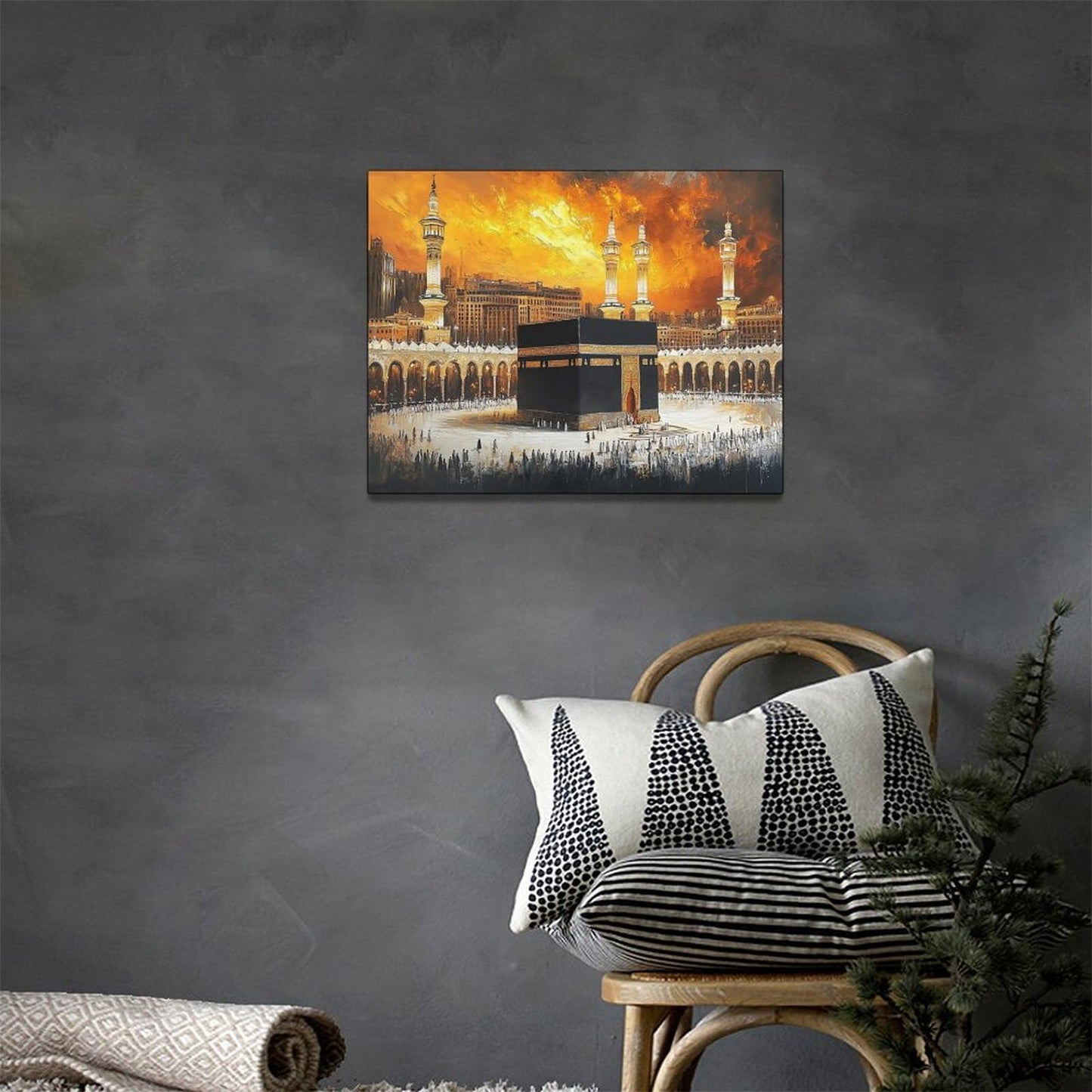 Islam Religious Wall Art Islamic Mosque Kaaba Pictures Wall Decor Black Gold Mecca Muslim Canvas Prints Painting Framed Artwork Decoration for Faith Bedroom Dining Room Living Room Office 16"x12"
