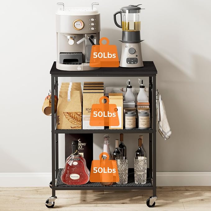 Homleke 3-Tier Rolling Kitchen Microwave Cart, Kitchen Utility Cart on Lockable Wheels, Coffee Bar Table Station with 6 S-Shaped Hooks, Small Appliance Storage Shelf, Black
