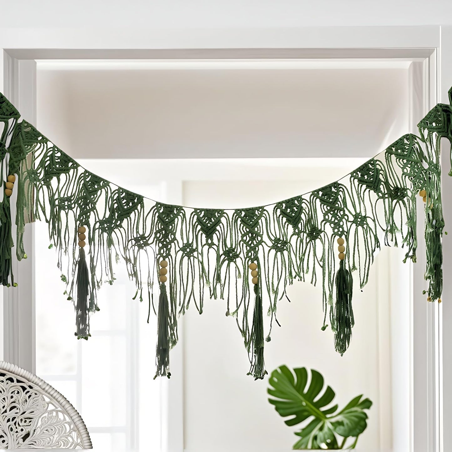 Macravine Macrame Wall Hanging Garland, Green and Cream, Bohemian Style with Wooden Beads, Handwoven Cotton Fringe Banner,44“X12.8” (Green)