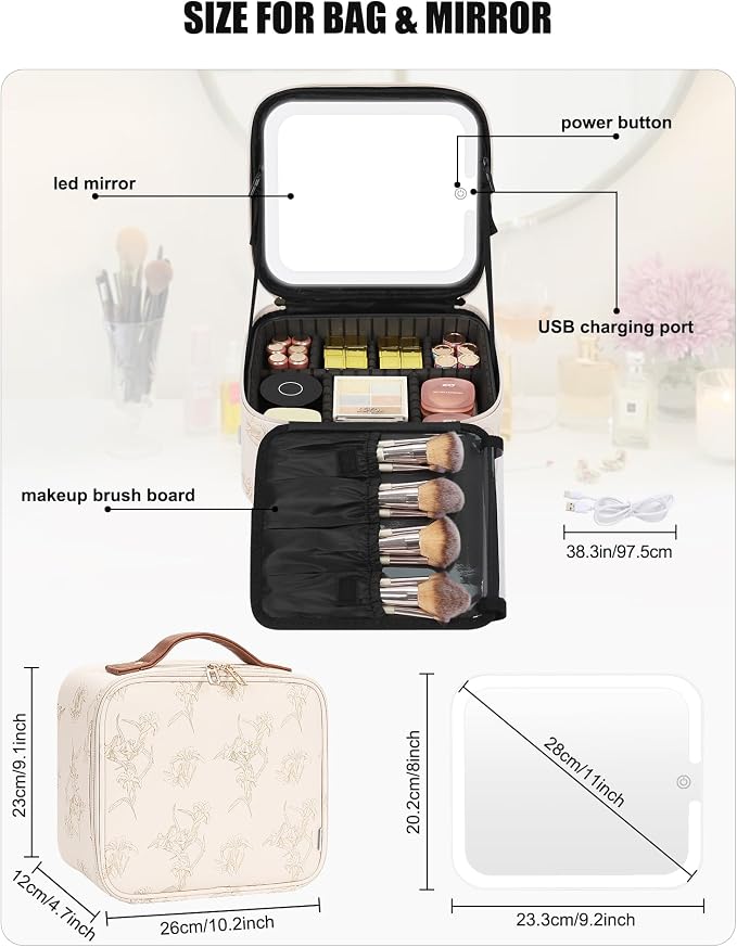 Relavel Travel Makeup Bag With LED Mirror, Portable Cosmetic Organizer Bag with Adjustable Brightness in 3 Color Scenarios, Small Train Case with Detachable Dividers for Trip- Lily Flower